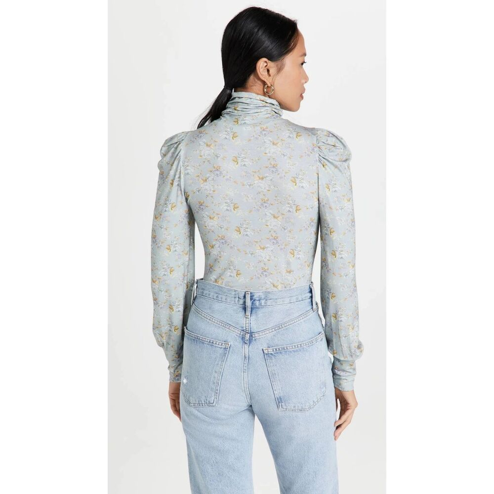 LoveShackFancy Vienna Turtleneck Top Sz S Sky Blue Floral Cottage Shabby Chic - Picture 2 of 13